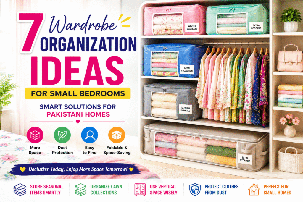 Wardrobe organization ideas for small bedrooms in Pakistan using foldable storage bags and clothes organizers