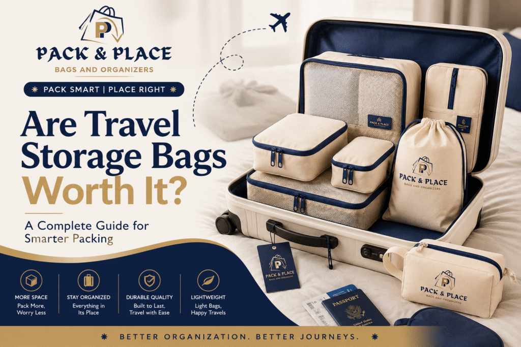 Travel storage bags packed in suitcase neatly organized