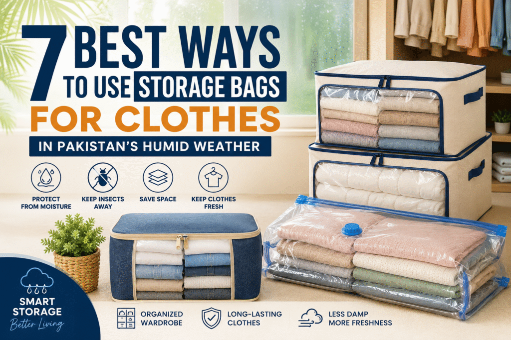 7 best ways to use storage bags for clothes in Pakistan’s humid weather showing organized vacuum and cloth storage bags to protect clothes from moisture, insects, and dust