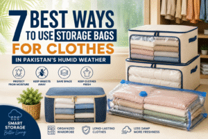 7 best ways to use storage bags for clothes in Pakistan’s humid weather showing organized vacuum and cloth storage bags to protect clothes from moisture, insects, and dust